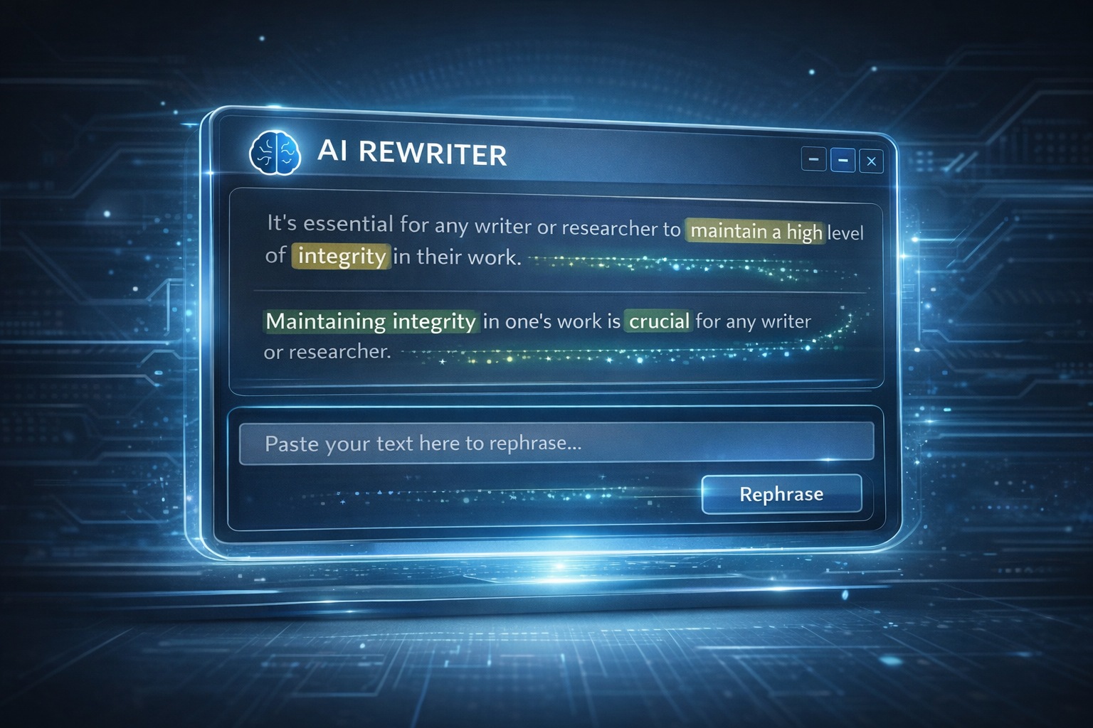 Conceptual privacy shield illustration over local computer with data remaining secure inside while AI rewriter tool processes text emphasizing local processing security